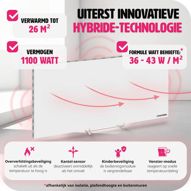 tectake® - Hybride infraroodpaneel met thermostaat en omval- en overhittingsbeveiliging - 1100 w - 140x2,5x60cm - 405008