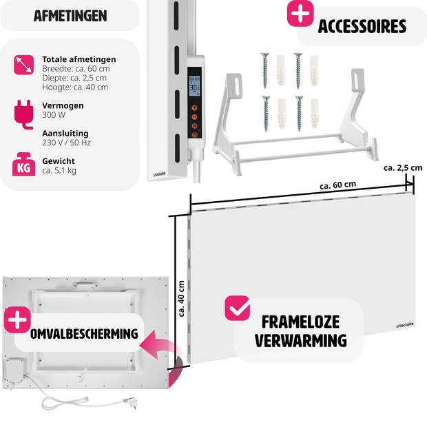 tectake® - Hybride infraroodpaneel met thermostaat en omval- en overhittingsbeveiliging - 300 w - 60x2,5x40cm - 405003