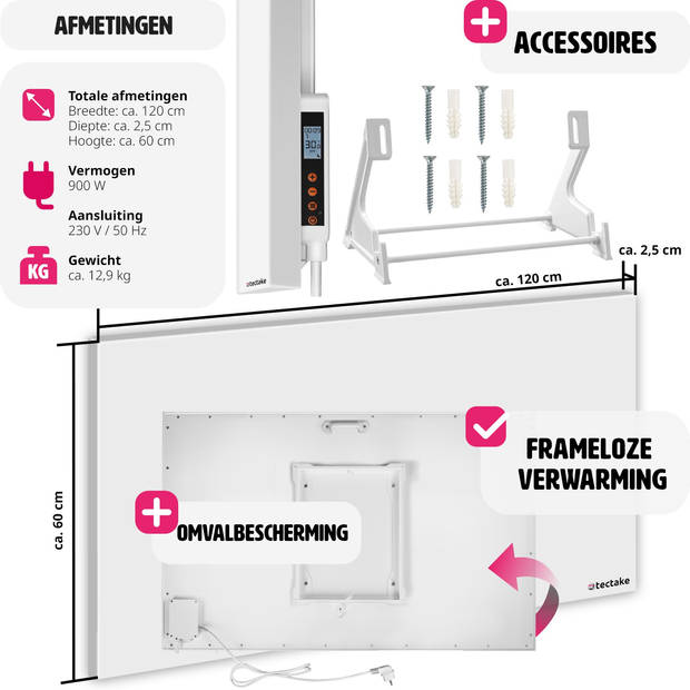 tectake® - Infraroodpaneel met thermostaat en omval- en overhittingsbeveiliging - 900 w - 120x2,5x60cm - 405013