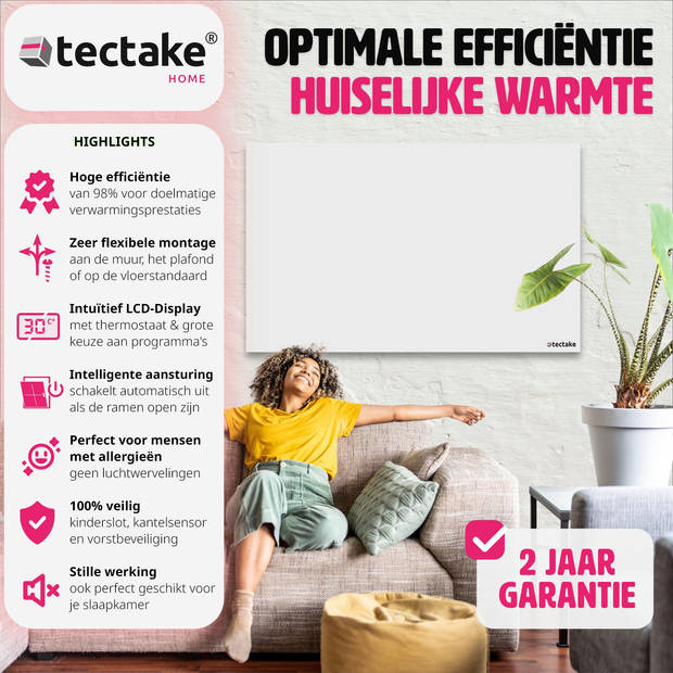 tectake® - Infraroodpaneel met thermostaat en omval- en overhittingsbeveiliging - 900 w - 120x2,5x60cm - 405013