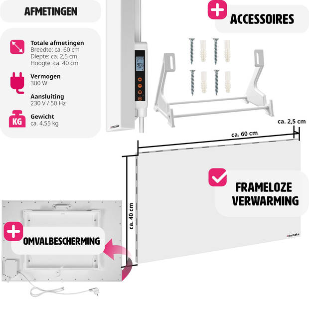 tectake® - Infraroodpaneel met thermostaat - omval- en overhittingsbeveiliging - ISP TH 300 watt - 60x2,5x40cm - 405009