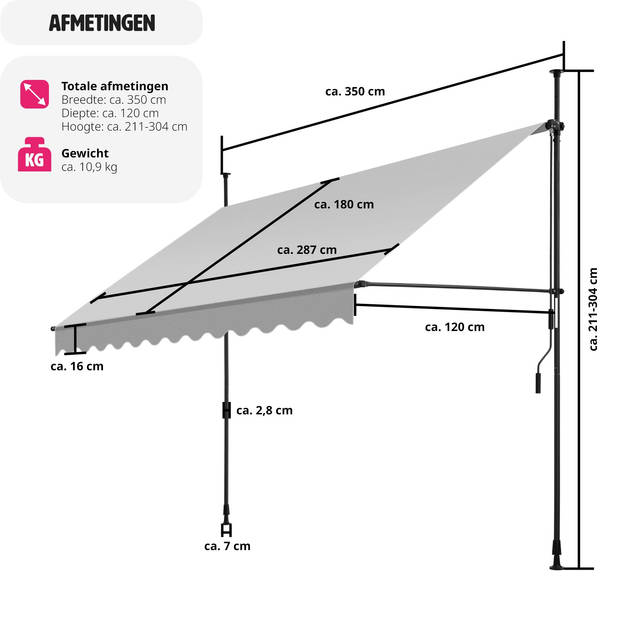 tectake - klemluifel - Zonnescherm – Zonneluifel - Klem-zonwering - Zonnescherm Balkon - 350 x 180 cm - lichtgrijs