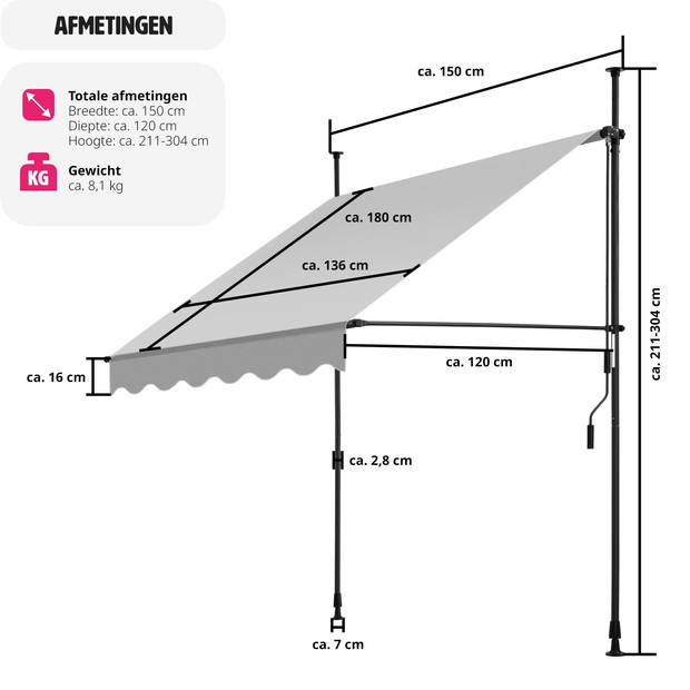 tectake - klemluifel - Zonnescherm – Zonneluifel - Klem-zonwering - Zonnescherm Balkon - 150 x 180 cm - lichtgrijs