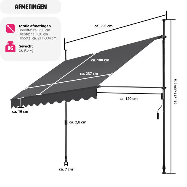 tectake - klemluifel - Zonnescherm – Zonneluifel - Klem-zonwering - Zonnescherm Balkon - 250 x 180 cm - zwartgrijs