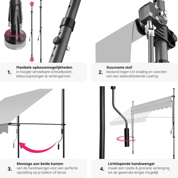 tectake - klemluifel - Zonnescherm – Zonneluifel - Klem-zonwering - Zonnescherm Balkon - 250 x 180 cm - lichtgrijs