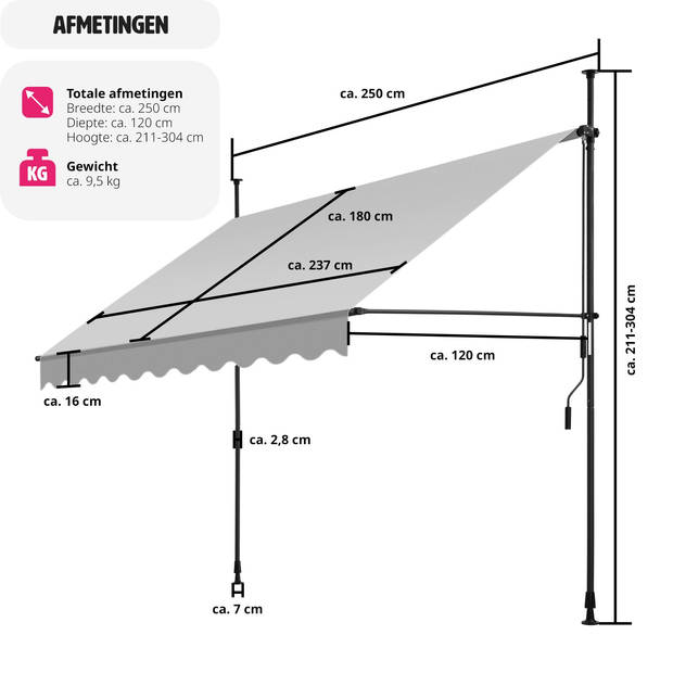 tectake - klemluifel - Zonnescherm – Zonneluifel - Klem-zonwering - Zonnescherm Balkon - 250 x 180 cm - lichtgrijs