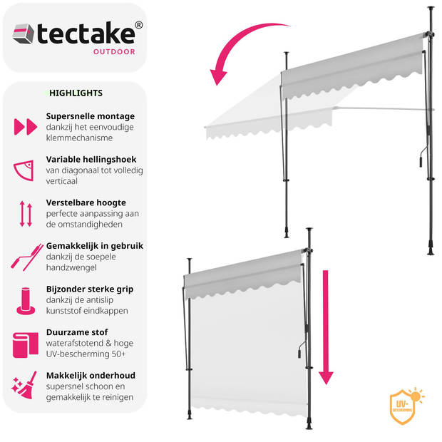 tectake - klemluifel - Zonnescherm – Zonneluifel - Klem-zonwering - Zonnescherm Balkon - 250 x 180 cm - lichtgrijs