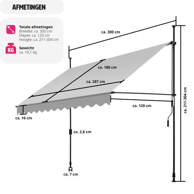 tectake - klemluifel - Zonnescherm – Zonneluifel - Klem-zonwering - Zonnescherm Balkon - 300 x 180 cm - lichtgrijs
