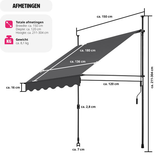 tectake - klemluifel - Zonnescherm – Zonneluifel - Klem-zonwering - Zonnescherm Balkon - 150 x 180 cm - zwartgrijs