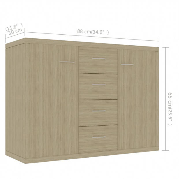 The Living Store Dressoir - Sonoma Eiken - 88 x 30 x 65 cm - 4 lades - 2 deuren