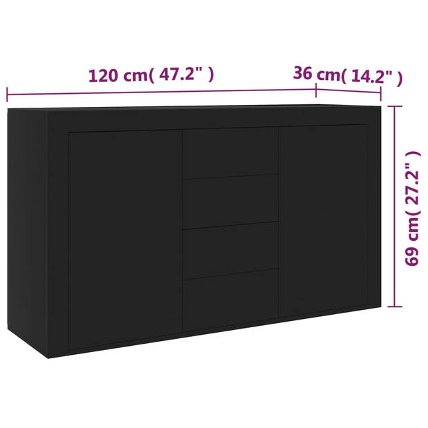 The Living Store Dressoir - Bijzetkast - Zwart - 120x36x69 cm - 2 deuren - 4 lades