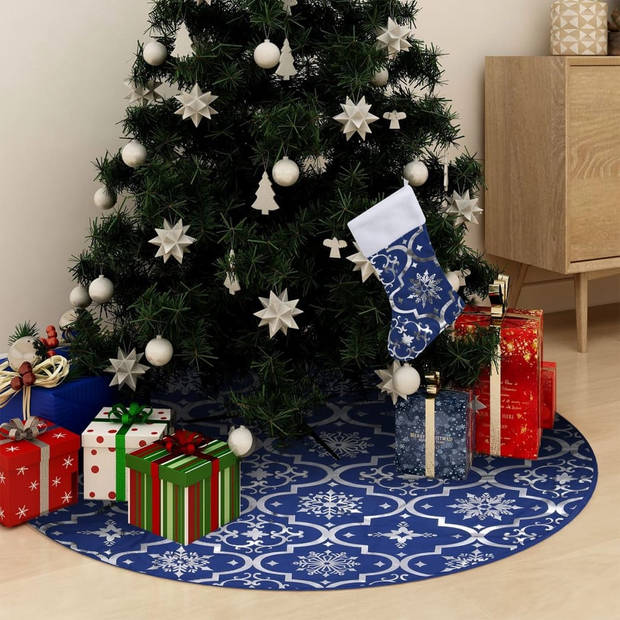 The Living Store Kerstboomrok - Blauw - 90 cm - Met Sneeuwpatroon - Inclusief Kerstsok