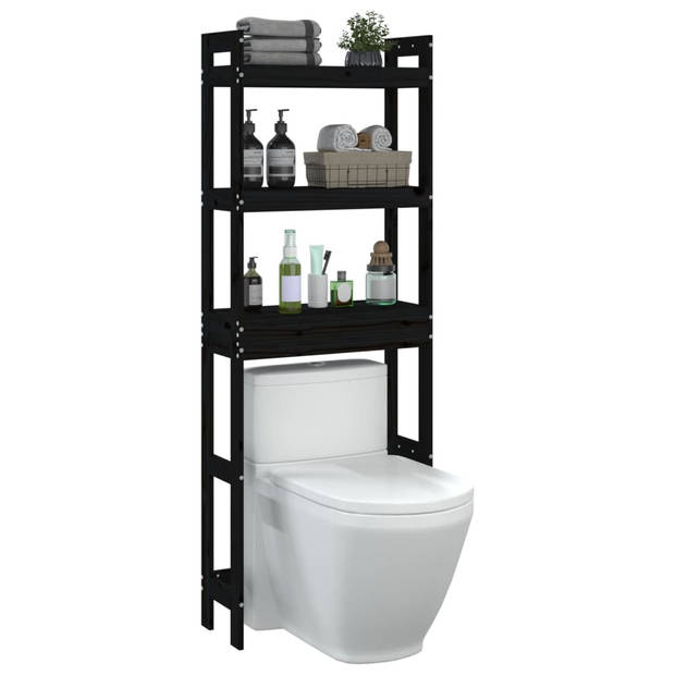 The Living Store Toiletrek - Massief grenenhout - Ruimtebesparend - 3 planken - Zwart - 63 x 26 x 171 cm