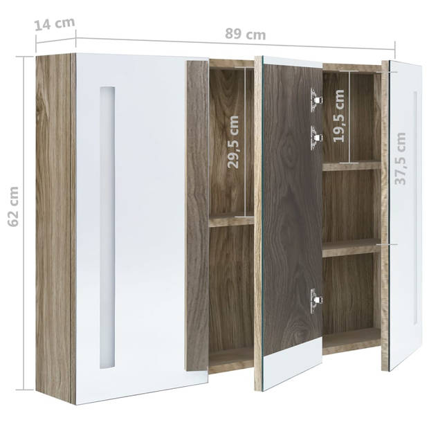 The Living Store LED-wandspiegelkast Eiken - 89 x 14 x 62 cm - USB-aansluiting - MDF met melamine-afwerking