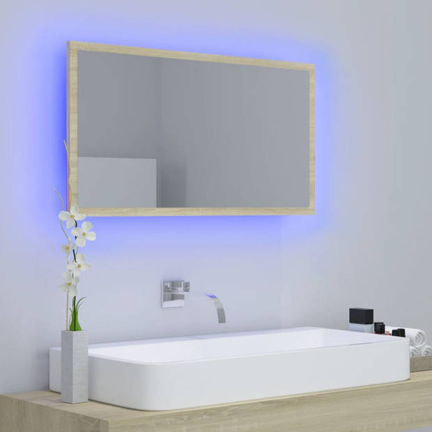 The Living Store wandspiegel - Sonoma eiken - 80 x 8.5 x 37 cm - RGB-licht