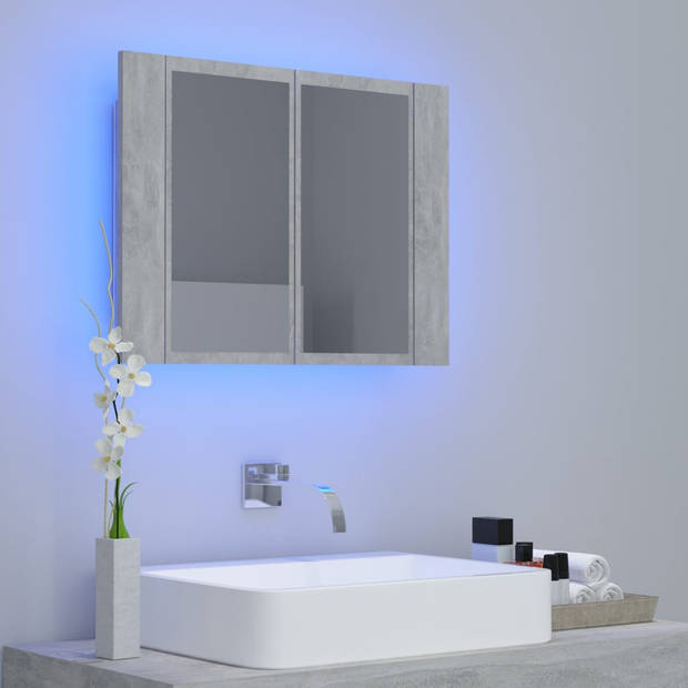 The Living Store Badkaast - RGB-verlichting - Acrylspiegel - Betongrijs - 60 x 12 x 45 cm