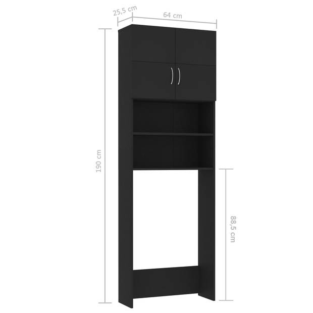 The Living Store Badkaast - zwart bewerkt hout - 64 x 25.5 x 190 cm - 2 deuren en 2 open vakken