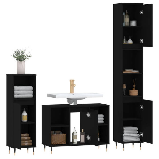 The Living Store Badkamermeubelset - Zwart - 190 cm hoog - Bewerkt hout en ijzer - Inclusief 2 kasten - wastafelkast