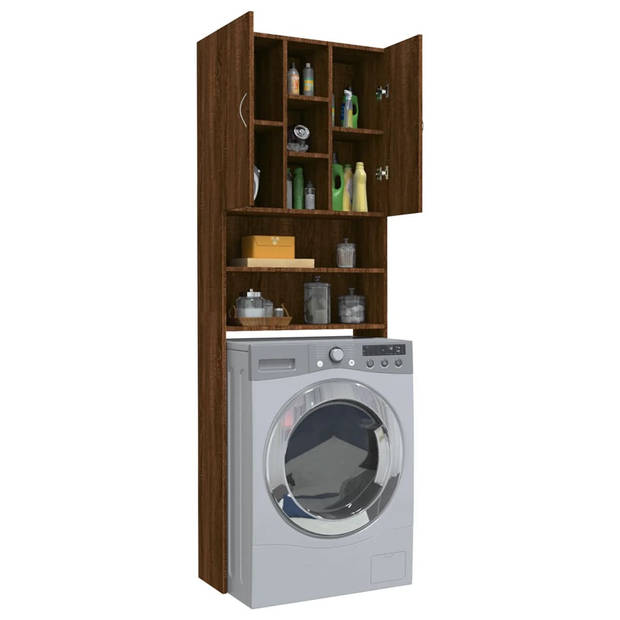 The Living Store Wasmachinekast - Brown Oak - 64 x 25.5 x 190 cm - 2 deuren - 9 vakken