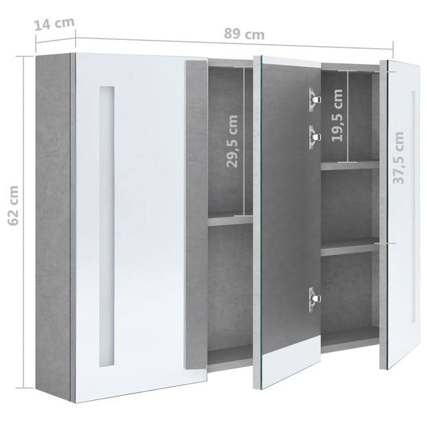 The Living Store LED Wandspiegelkast - Betongrijs - 89 x 14 x 62 cm - USB-aansluiting - MDF met melamine-afwerking