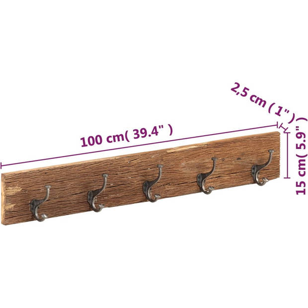 The Living Store Wandkapstok - Gerecycled hout - 100x2.5x15 cm - Met 5 haken