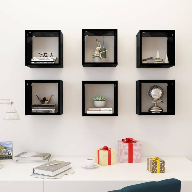 The Living Store Kubus Wandschappenset - Hoogglans Zwart - 26 x 15 x 26 cm - Stijlvol Design