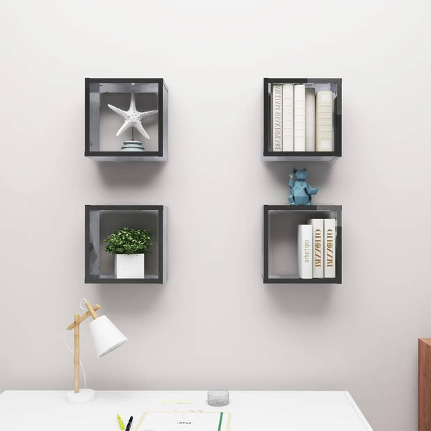 The Living Store Kubus wandschappenset - Hoogglans grijs - 30 x 15 x 30 cm - Bewerkt hout