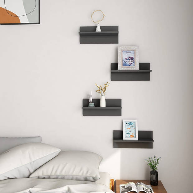 The Living Store Wandplank - hoogglans grijs - bewerkt hout - 40 x 11.5 x 18 cm - set van 4