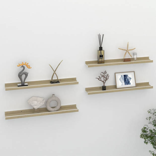The Living Store Wandplank - MDF - 60 x 9 x 3 cm - Wit en Sonoma Eiken - Set van 4