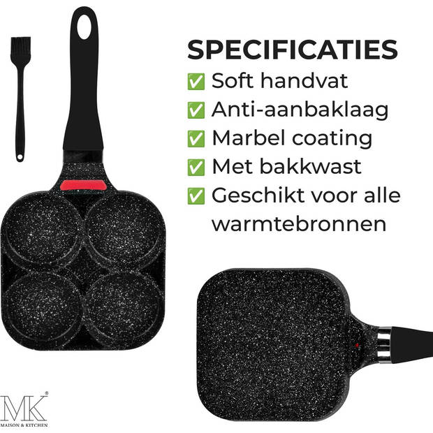 Maison & Kitchen - Pannenkoekenpan - Omeletpan - Eierpan - 4 vakjes - Zwart