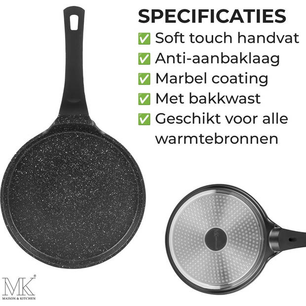 Maison & Kitchen - Pannenkoekenpan - Pannenkoekpan - Crêpepan - Marmeren coating - Inductie - 26 cm - Zwart