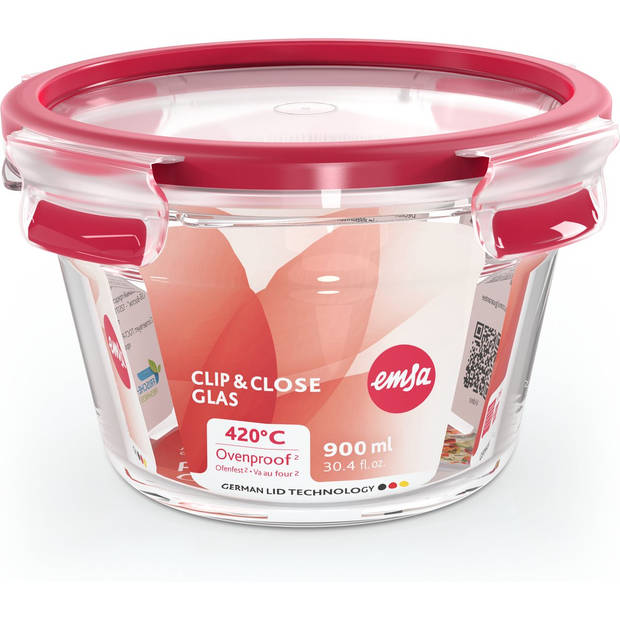 Emsa Clip&Close verhoudbakje - 900 ml - glas - rood - rond
