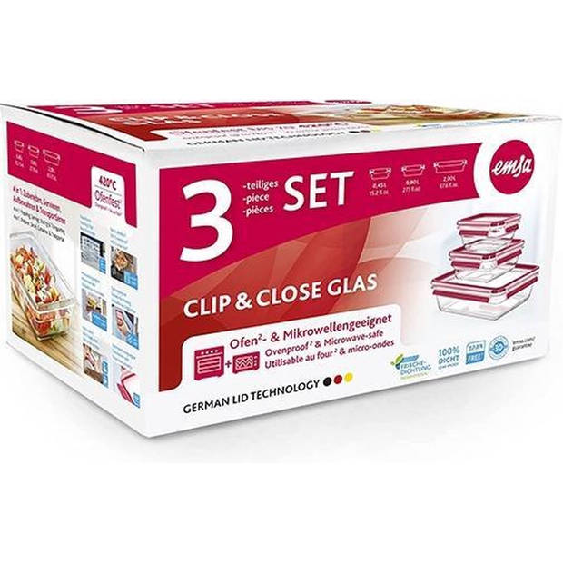 Emsa Clip&Close vershoudbakken - glas - 3-delige set - rood