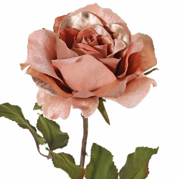 Top Art Kunstbloem roos Glamour - zalm met goudkleur - satijn - 61 cm - kunststof steel - decoratie bloemen - Kunstbloem