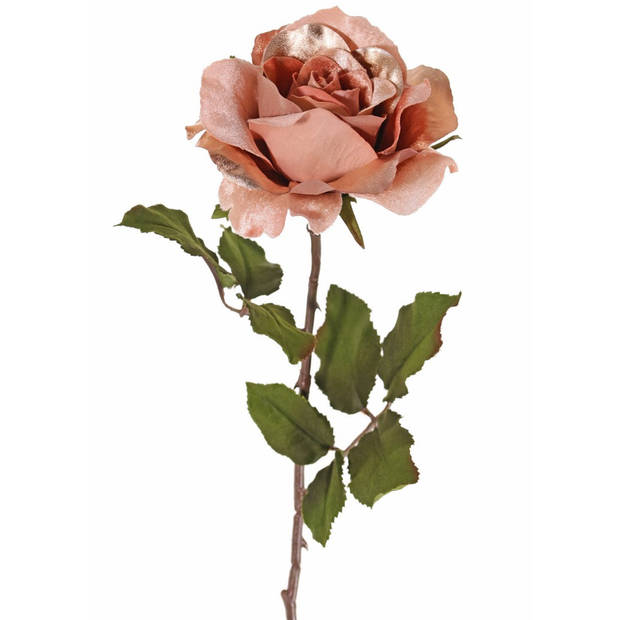 Top Art Kunstbloem roos Glamour - 3x - zalm met goudkleur - satijn - 61 cm - kunststof steel - decoratie bloemen - Kunst