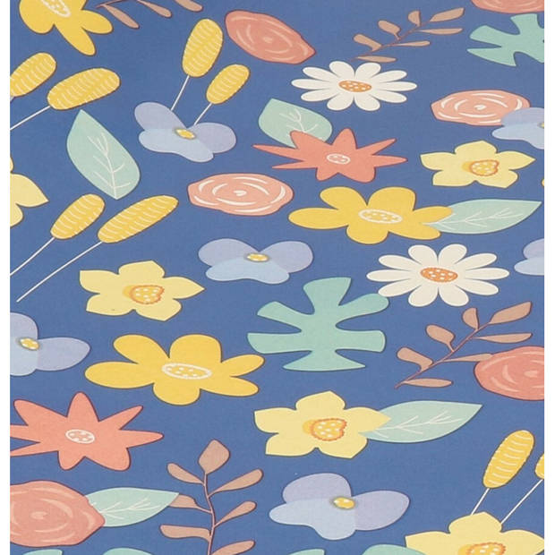 Inpakpapier/cadeaupapier - blauw met gekleurde bloemen design - 200 x 70 cm - Cadeaupapier