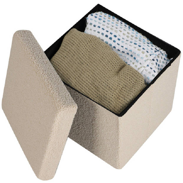 Urban Living Poef Teddy BOX - 2x - hocker - opbergbox - beige - polyester/mdf - 38 x 38 cm - opvouwbaar - Poefs