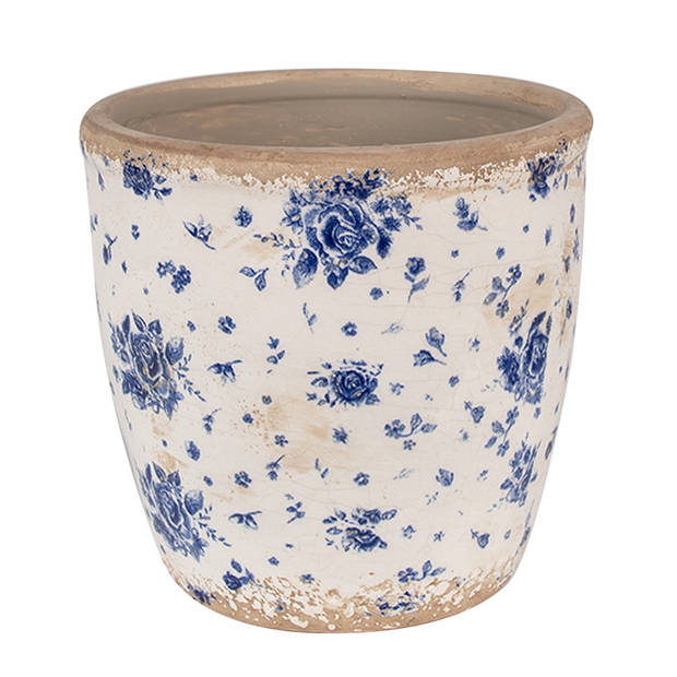 HAES DECO - Bloempot Ø 16x16 cm Beige Blauw Keramiek Roosjes Bloempot Binnen