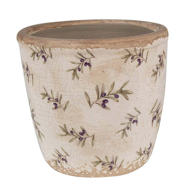 HAES DECO - Bloempot Ø 13x12 cm Beige Blauw Keramiek Olijven Bloempot Binnen