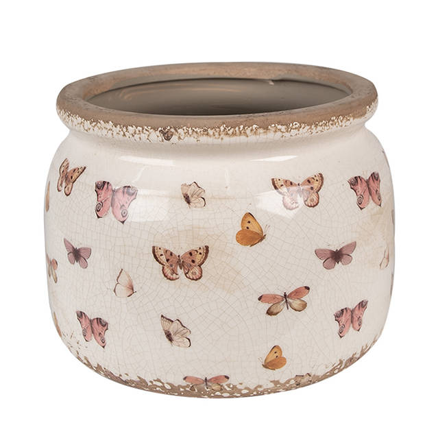 Clayre & Eef Bloempot Ø 20x15 cm Beige Roze Keramiek Vlinders Bloempot Binnen Beige Bloempot Binnen