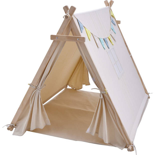 Sunny Sienna Tipi Tent in crème met vlaggen, raam & vloermat Wigwam Speeltent / Speeltentje van 100% katoen & FSC 100%