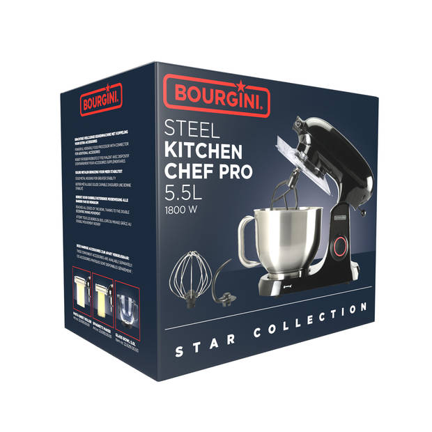 Bourgini Steel Kitchen Chef - Keukenmachine - 5.5 Liter inhoud - 1800 watt vermogen - Retro - Glossy Zwart