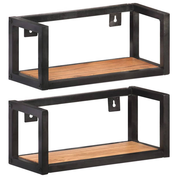 The Living Store Industriële Houten Wandschappen - 40x17x17 cm - Massief Acaciahout - Set van 2