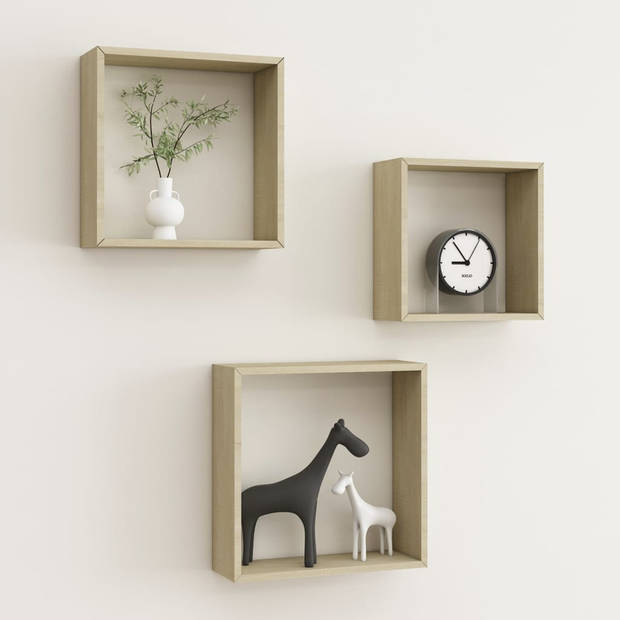 The Living Store Kubusschappen - Set van 3 - Sonoma Eiken - MDF - 30x10x30 cm - Onzichtbaar montagesysteem