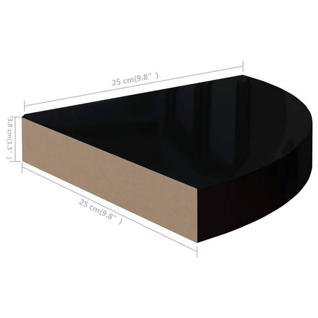 The Living Store Hoekplank - Hoogglans zwart - 25 x 25 x 3.8 cm - Honingraat MDF en metaal