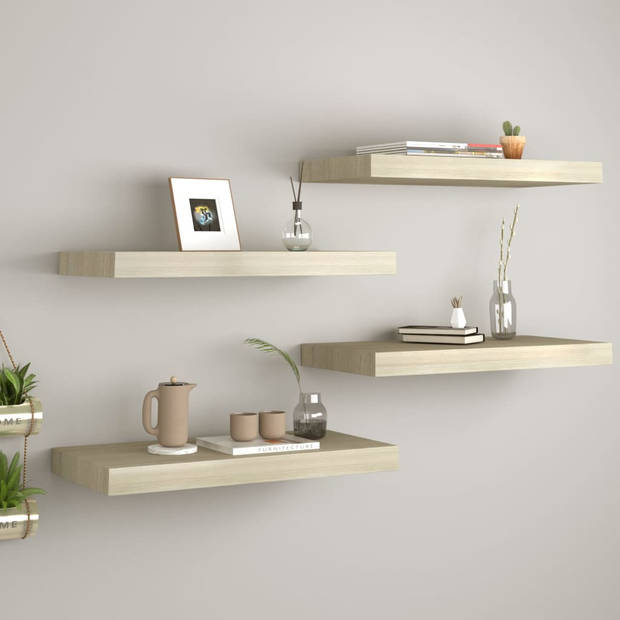 The Living Store Wandplanken - Trendy - Set van 4 - 60x23.5x3.8 cm - Eikenkleurig - Honingraat MDF en Metaal