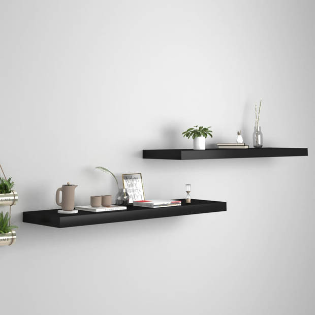 The Living Store Wandplanken - Set van 2 - Zwart - 90 x 23.5 x 3.8 cm - Honingraat MDF en metaal