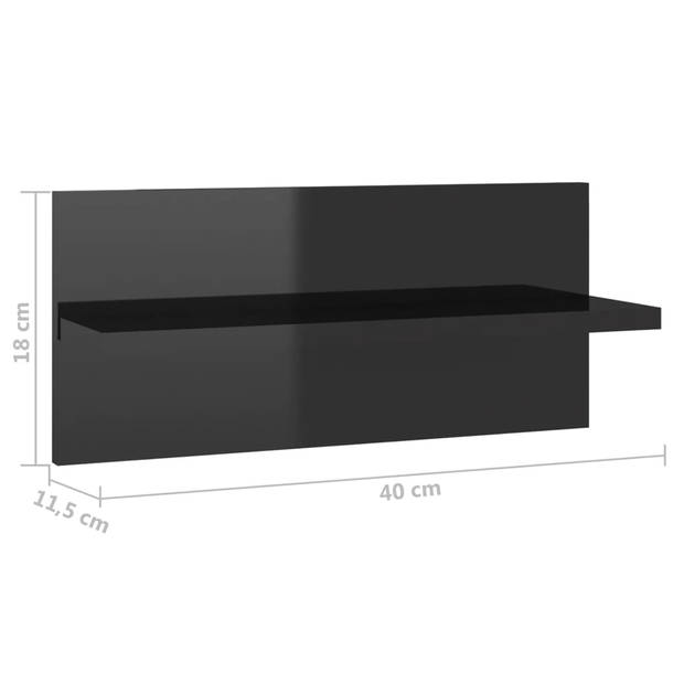 The Living Store Wandschap - Hoogglans zwart - 40 x 11.5 x 18 cm - Montage vereist