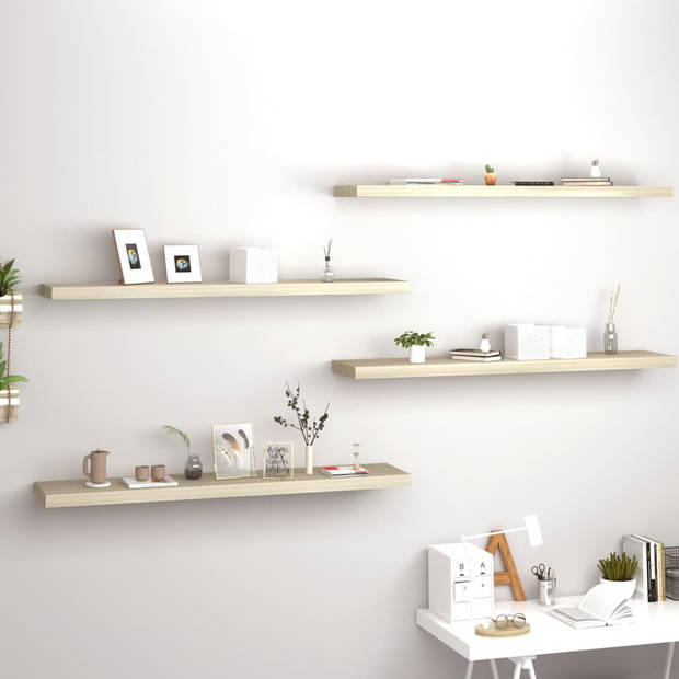 The Living Store Wandplanken - Trendy Set van 4 - Honingraat MDF - Metalen Frame - Eiken - 120x23.5x3.8cm