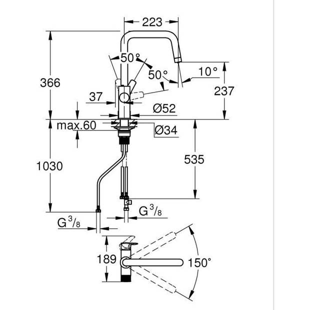 Keukenfilterkraan - Waterfiltratie - Hoge U-vormige uitloop - 150° draaibaar - GROHE Blue Pure Start - 30595DC0